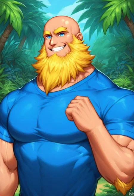 score_9, score_8_up, score_7_up, score_6_up, score_5_up, score_4_up, rating_questionable <lora:gomtang_style_1:1>, <lora:add-detail-xl:1.5>, Completely Bald, Half Body, Flexing Muscle With One Arm, (Tropical House Scenery), 1boy, {Strong Triangular Jawline}, bodybuilding, {massive pectoral}, {beefy muscle}, Tall, Goliath, Rugged Features, Chiseled Features, Mature Male, 40-Year Old Man, {Thick Yellow Eyebrows}, {Blue PE Teacher Shirt, PE Outfit}, Blue Eyes, Brawl Stars Style, Saying Hi, Closed Mouth Smile, Highlights,, Bald, Strong Neck, Epic Beard, {Very Long Beard}, Big Beard, Small Waist, Huge Biceps, ({Yellow Beard}), GomTang, {very long big epic beard), <lora:Cruz'sBeardedMan:0.7>, Looking At Viewer, Masterpiece, (Neck Mane, Beard Covering Neck, Beard Covering Chest), Hairy, Fixed Hands