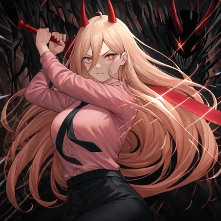 masterpiece, best quality, newest, absurdres, highres,
INCSV1.0, incoming attack, holding sword, sword, holding weapon, holding, weapon,
1girl, power \(chainsaw_man\), demon horns, long hair, blonde hair, very long hair, red horns, black necktie, horns, cross-shaped pupils, shirt,