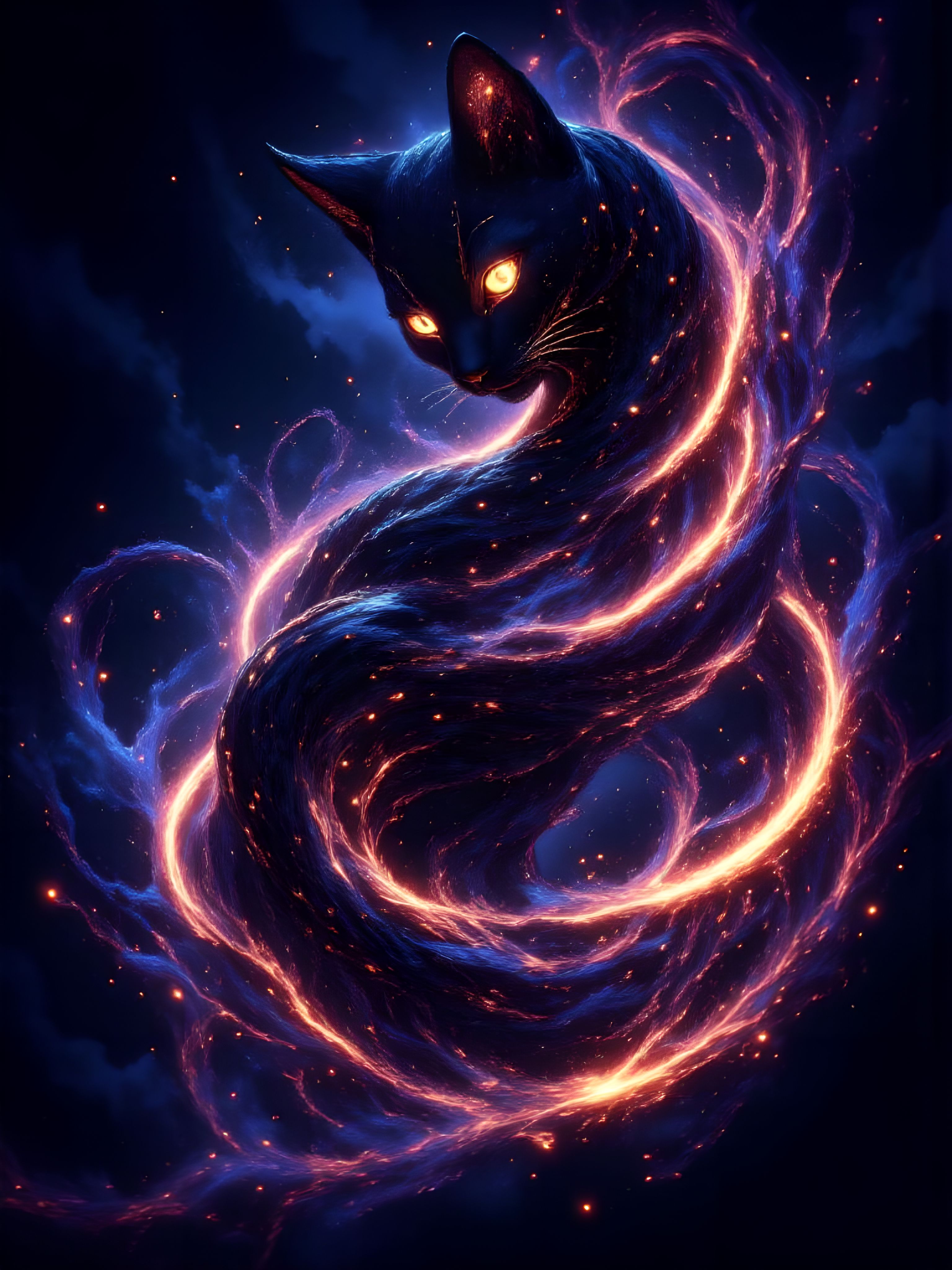A surreal and mesmerizing depiction of a cosmic void cat, its body an ethereal silhouette of deep black that seems to absorb all light. Its form is adorned with shimmering nebulae and swirling galactic patterns, creating a sense of infinite depth within its skin. Glowing stars and bursts of vibrant colors—purples, blues, and radiant golds—trace the contours of its lithe feline frame, giving the impression of a celestial being crafted from the universe itself. The cat's eyes glow intensely, like twin supernovas, piercing through the darkness and drawing focus to its mysterious, otherworldly presence. Its tail swirls into a mist of stardust, fading into the void as though it’s a seamless extension of the cosmos. The background is a soft, infinite expanse of star-studded darkness, subtly accented with faint nebula hues, allowing the cat’s cosmic form to dominate the scene.  aidmaimageupgrader, aidmaMJ6.1m, detailmaximizer, mythp0rt, drkfnts, ne0nfant4sy, smoke_bv <lora:aidmaImageUpgrader-FLUX-V0.2:1.0> <lora:flux.1_lora_flyway_Epic-detail_v2:0.8> <lora:aidmaMJ6.1_aidmaMJ6.1-FLUX-v0.4:0.8> <lora:v1v1dr34m:0.86> <lora:mythp0rt_FluxMythP0rtr4itStyle:0.82> <lora:aesthetic2-cdo-0.5:0.9> <lora:flux_sparklycism:0.92> <lora:ne0nfant4sy_NeonFantasyPrimeFLUX-000049:0.82>