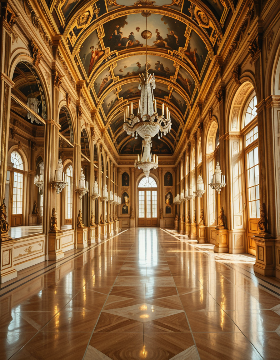A breathtaking, photorealistic depiction of the Hall of Mirrors (Galerie des Glaces) at the Palace of Versailles in France, captured in golden afternoon light. The hall is grand and opulent, with a high arched ceiling painted with intricate Baroque frescoes. The walls are lined with tall arched mirrors on one side and large arched windows on the opposite side, flooding the space with natural light. Elegant crystal chandeliers hang from the ceiling, reflecting in the mirrors and sparkling with golden highlights. The marble floors are polished and gleaming, with rich, warm tones. Gilded statues and decorative elements frame the mirrors and doorways. The image style is ultra-detailed and photorealistic, with sharp textures and soft, warm lighting creating a majestic, timeless atmosphere. No people present, only the serene magnificence of the empty hall. Camera angle at eye level, centered down the hall, capturing the full length and symmetry of the space.
<lora:SDXLFaeTastic2400:0.4> <lora:extremely_detailed:0.4> extremely detailed,Hall of M1rr0rs, <lora:Hall_of_M1rr0rs-i:1>, Masterpiece,best quality,hi res,8k,hi res,8k,award winning,(sharp focus, intricate, highly detailed),