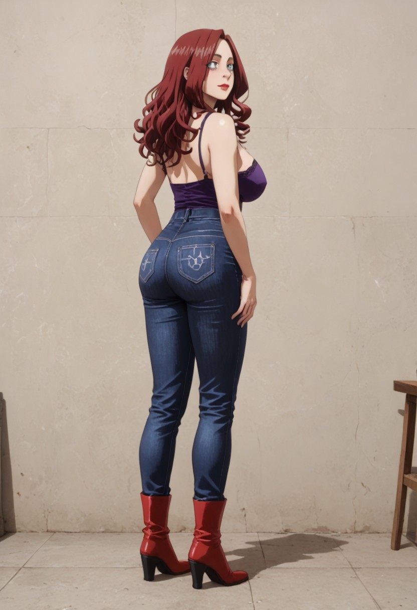 MILF, 31 years old, red hair, big green eyes, realistic picture, big breasts, tight jeans, leather jacked, rear view, sloppy wavy hair, sexy red boots, revealing outfit, red lips, mascara, eyelashes, hourglass figure, feminine, long large saggy breasts, mature female, m1lfm3t3r, th1ghfad3, anezaki mamori, slimes_mtlady