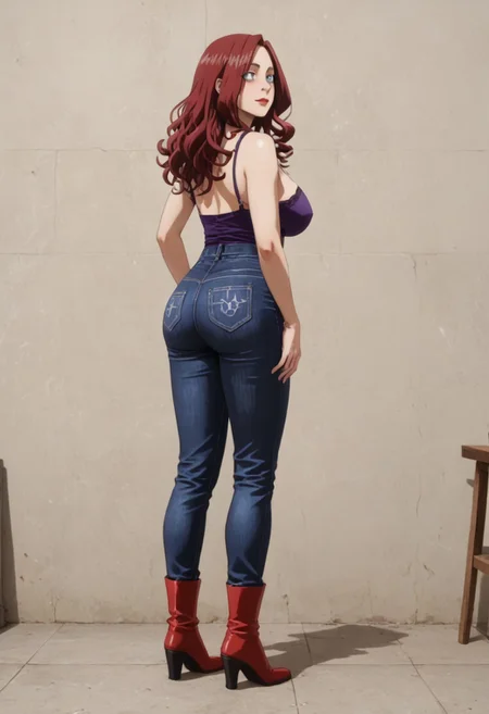 MILF, 31 years old, red hair, big green eyes, realistic picture, big breasts, tight jeans, leather jacked, rear view, sloppy wavy hair, sexy red boots, revealing outfit, red lips, mascara, eyelashes, hourglass figure, feminine, long large saggy breasts, mature female, m1lfm3t3r, th1ghfad3, anezaki mamori, slimes_mtlady