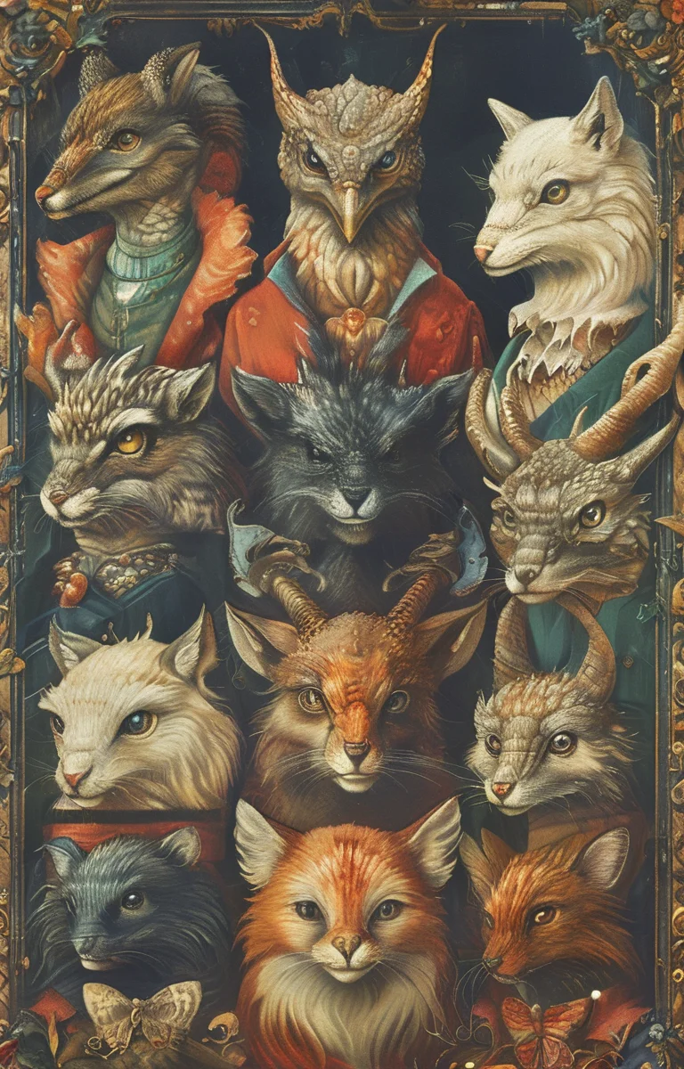 masterpiece,best quality,<lora:tbh266-sdxl:0.9>,illustration,style of Bestiary portrait of family
