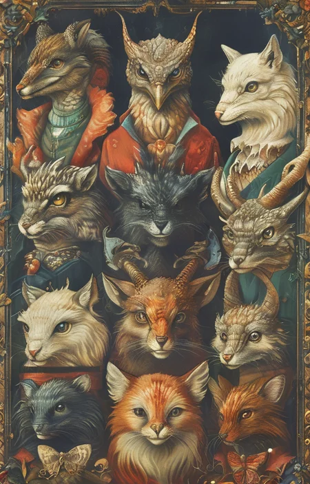 masterpiece,best quality,<lora:tbh266-sdxl:0.9>,illustration,style of Bestiary portrait of family
