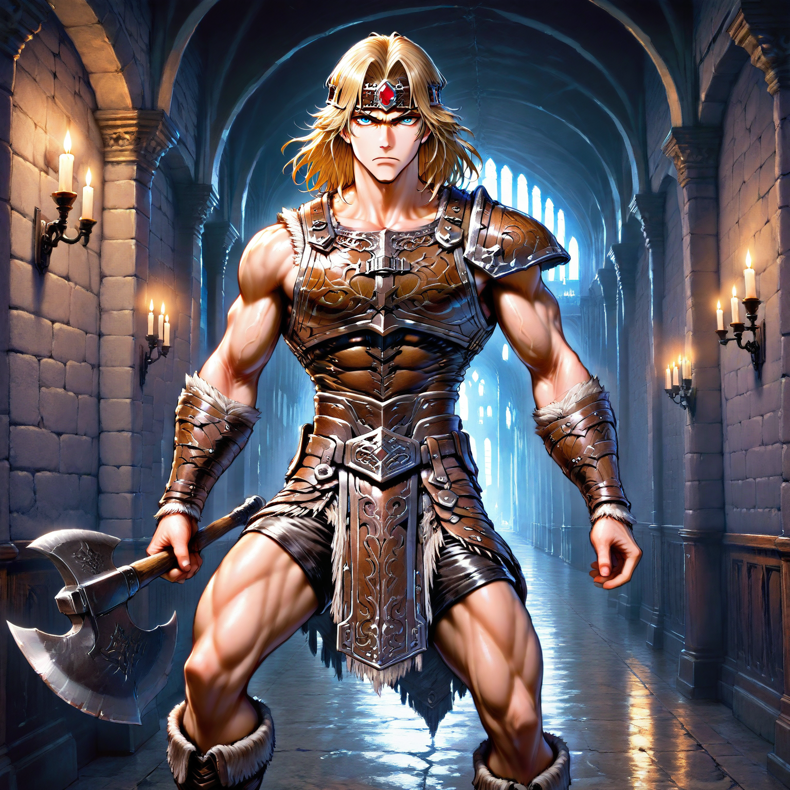 masterpiece, best quality, amazing quality, csdb, hatching (texture), gradusian, SIMOIL, solo, 1boy, male focus, muscular, toned male, blue eyes, leather armor, leather headband, red jewel on headband, breastplate, leather shorts, stylized loincloth, one pauldron, vambraces, medium hair, blonde hair, boots, leather tassets, indoors, castle hallway, wall candles, serious, holding small axe