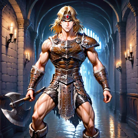 masterpiece, best quality, amazing quality, csdb, hatching (texture), gradusian, SIMOIL, solo, 1boy, male focus, muscular, toned male, blue eyes, leather armor, leather headband, red jewel on headband, breastplate, leather shorts, stylized loincloth, one pauldron, vambraces, medium hair, blonde hair, boots, leather tassets, indoors, castle hallway, wall candles, serious, holding small axe