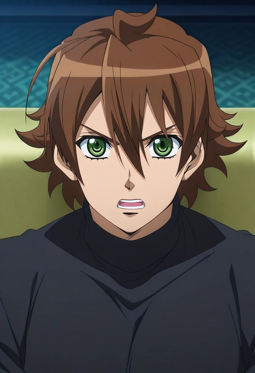 masterpiece, best quality, , anime screencap, anime coloring, official style, looking at viewer, 1boy, solo, male focus, <lora:tatsumi_akame_ga_kill_ilxl:0.98>, tatsumi_akame_ga_kill, brown hair, green eyes, short hair, hair between eyes, ahoge, close-up, living room, couch, dark, jojo pose, speaking, talking, comic book character costume