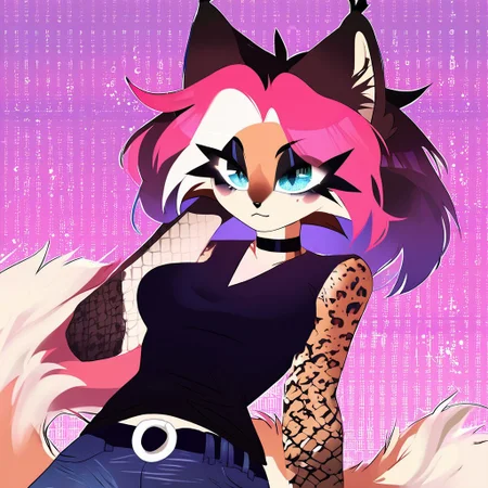 digital_media_(artwork) hi_res, score_9, score_8_up, score_7_up, score_6_up, score_5_up, score_4_up, rating_safe, beautiful, intricate, high quality details, highly detailed, amazing quality, anthro, furry, no humans, furry female, detailed textured fur, fur tufts, fluffy, cute, cute face, small, detailed sexy eyes, solo, SFW, ocelot, expressive, sassy, multicolored hair, streaked hair, absurdres, highres, shirt, denim pants, leather jacket, choker, clothed slim, clothed slender, clothed skinny, goth, heavy eyeliner, heavy eye shadow, breasts, vivid colors, Dexechiistyle