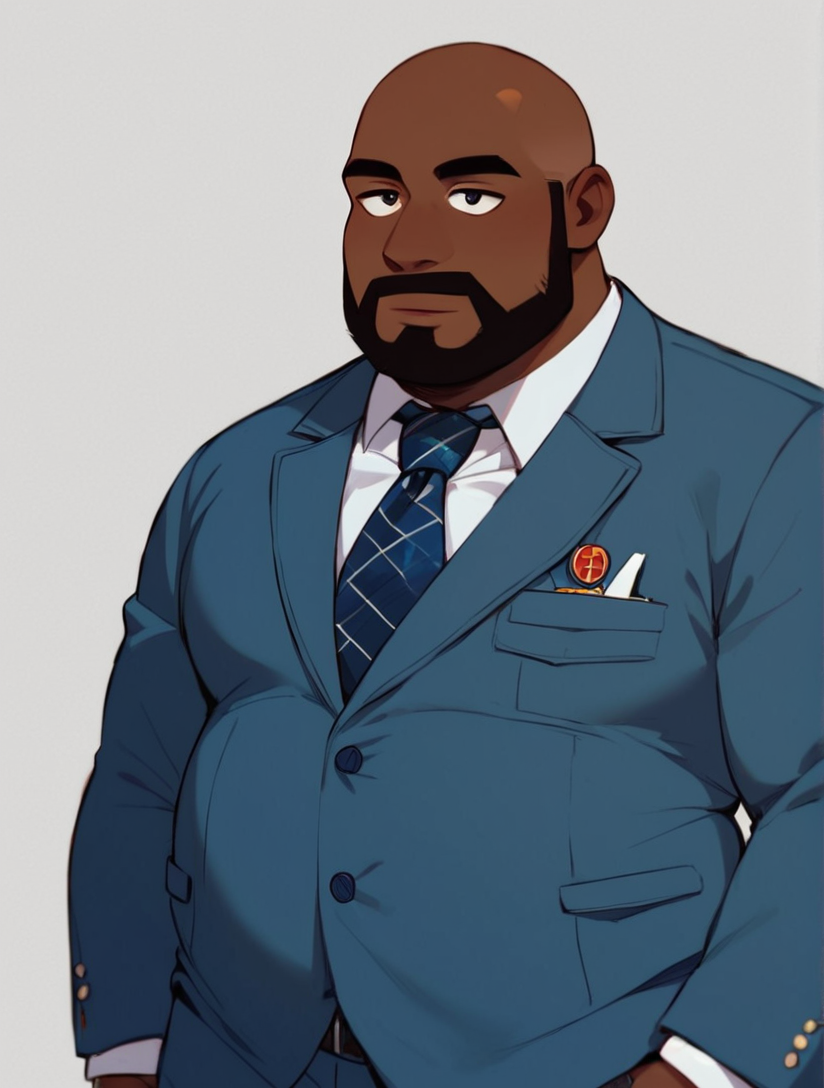 rating:safe
 1boy, solo male, alone, ((medium shot,)),
<lora:Priuncipal_Lewis:0.5> principal lewis, chubby, dark skin, black man, african american man, beard, bald, masculine, blue suit,, ,score_9, score_8_up,, <lora:Expressive_H:1> Expressiveh, <lora:add_details_xl:1> more detail, <lora:WildcardX-XL-Detail-Enhancer:1>
