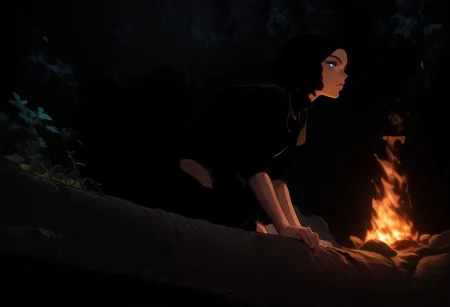 score_9,score_8_up,score_8,score_7,score_7_up,(((GLSHS, blend_in, dark forest, pitch black background, trees, partially illuminated, black clothes, clothes blending in to background)))((1 girl, blue eyes, short hair, black hair, tan skin, nun habit, from behind, full body shot, looking over shoulder, fully clothed, athletic female, 30 years old, sitting, campfire,), (1 animal, feral panther, black panther,)))
