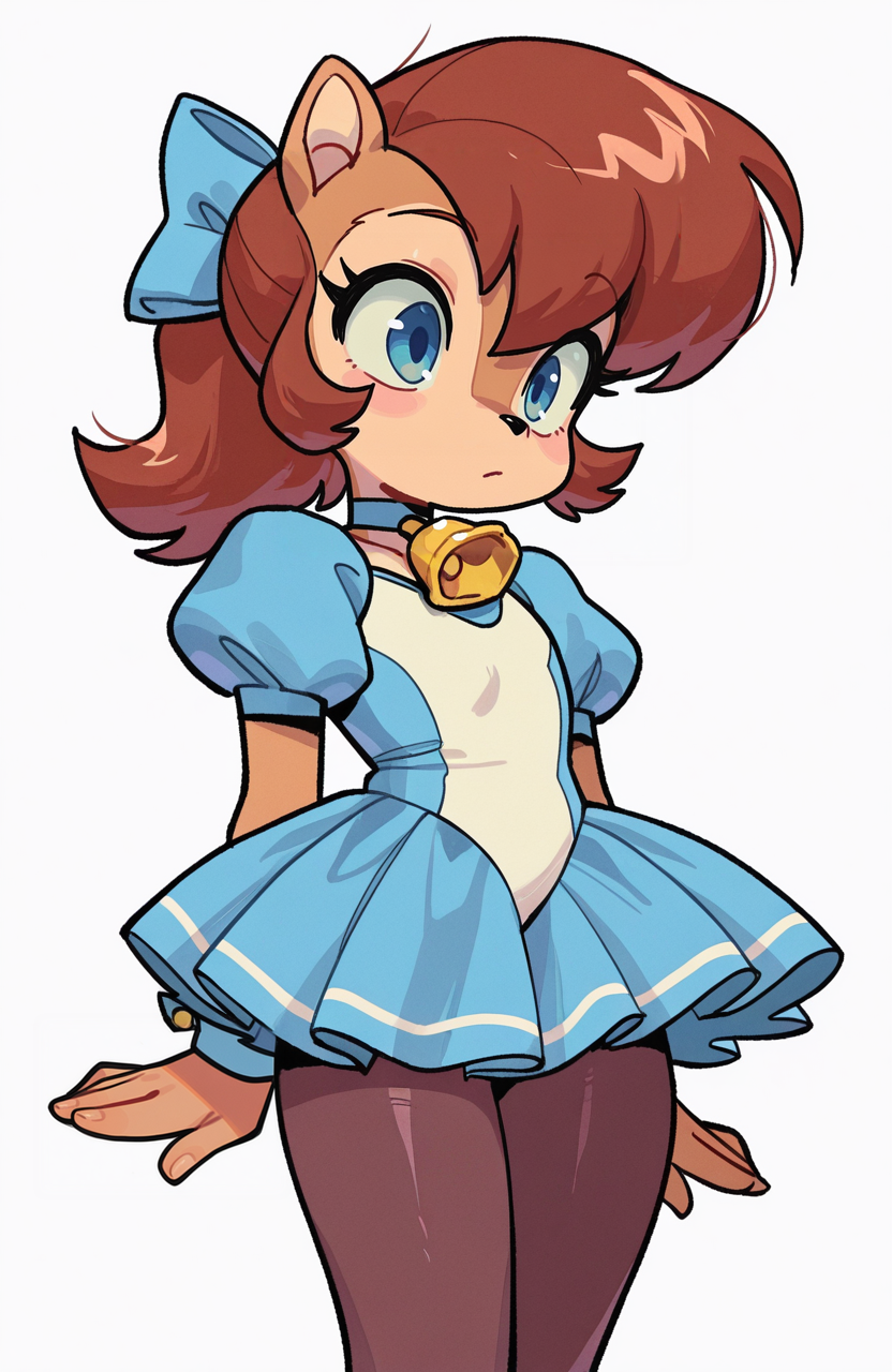 1girl, solo, <lora:knuxze:1> knuxze,
sally acorn, chipmunk, brown fur, brown hair, blue eyes, little girl, petite, magical performer outfit, puffed sleeves, bell skirt, pantyhose, choker, hair bow, extremely detailed, highres, masterpiece, best quality