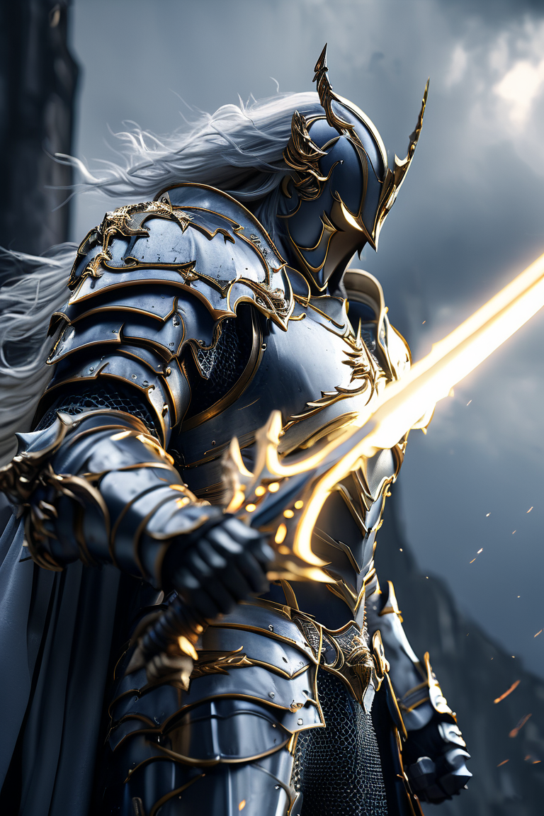 Cinematic shot of a lightning knight wearing a armor, holding thunder lightning sword by the handle, sword pointing down, heaven in background, reflective light, HKStyle, HD, masterpiece, best quality, hyper detailed, ultra detailed, super realistic
