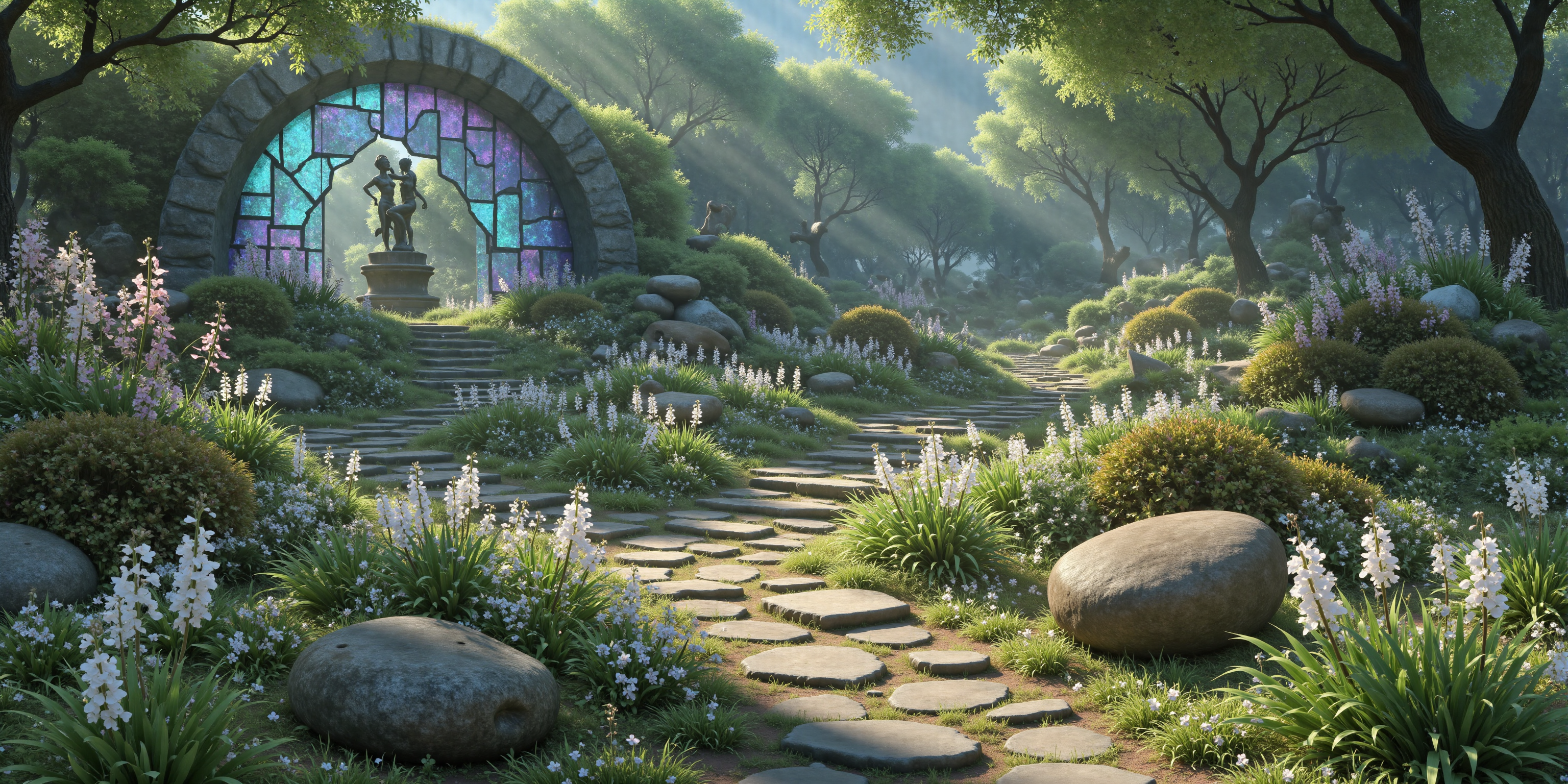 Frosted glass style,wu,The Moonlit Ruins of the Celestial Garden,A crumbling steampunk garden,adrift in the void,where moonlight filters through shattered stained glass arches,casting soft amethyst and cobalt hues over overgrown paths of glowing moss and broken bronze statues. Massive gears,entwined with vines of luminescent ivy,slowly turn,driven by an unseen force. The air carries a faint melody,a song of a world that no longer exists,mixed with the scent of moon-drenched flowers,aged copper,and distant echoes of an ****** that fell to the stars,