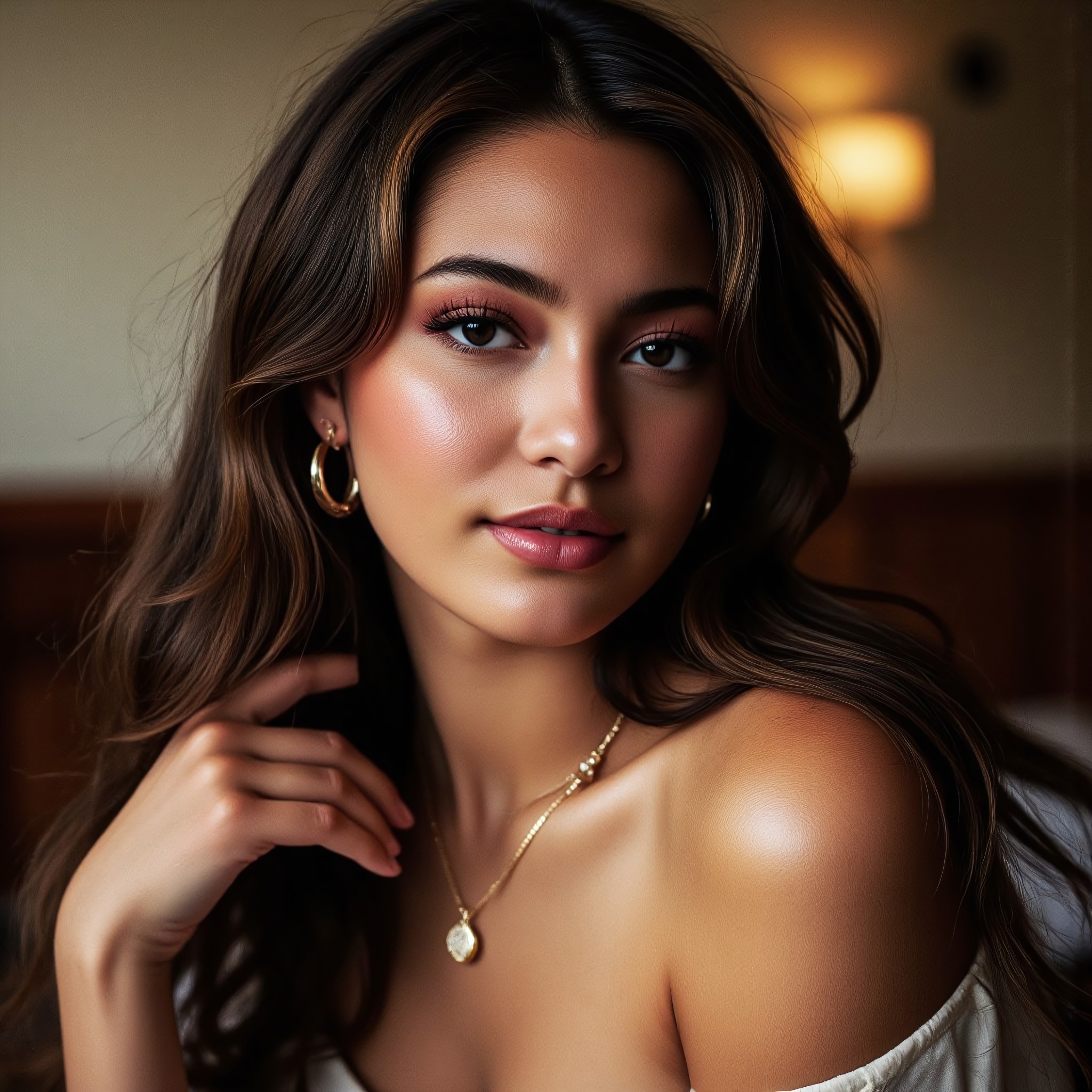 brazilian woman, 26 years old, oval face, high cheekbones, almond-shaped deep brown eyes, long curled lashes, full lips, golden tan complexion, naturally arched eyebrows, voluminous wavy dark brown hair, vintage glam aesthetic, makeup overdone, heavy perfume, delicate gold jewelry, large gold hoop earrings, confident but soft expression, slightly turned to the side, one shoulder closer to the camera, relaxed but poised, warm inviting gaze, subtle smile, slightly parted lips, sun-kissed skin, light reflecting off jewelry, soft golden lighting, elegant off-shoulder blouse, delicate gold chain, blurred indoor setting, warm-toned background with soft focus

