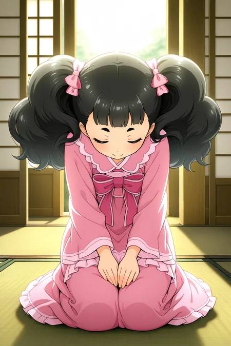 masterpiece, best quality, amazing quality, absurdres, solo, matsukiakino, smile, closed eyes, bowing, sitting, on ground, seiza, black hair, pink dress, indoors, ryokan, tatami, shouji