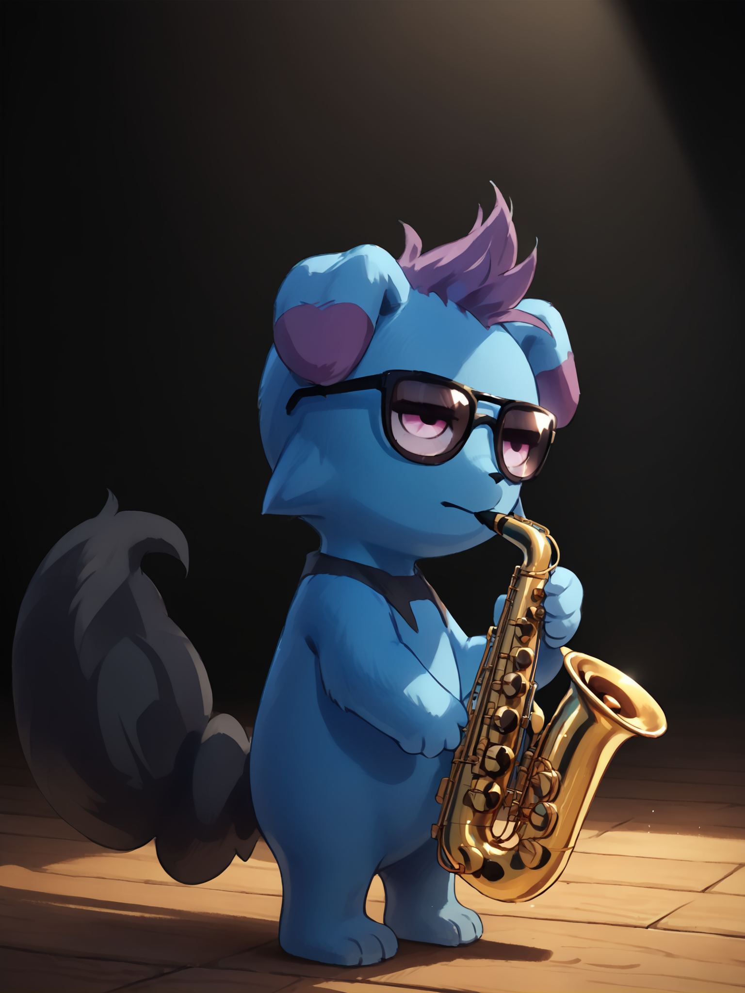 score_9, score_8_up, score_7_up, score_6_up, score_5_up, score_4_up, inside, darkness, black background, solo, wood floor, spotlight, close-up, side view, cinematic lighting BREAK
<lora:Sheeps_Saxophone:0.8> SH_S4X, <lora:Depresso_PDXL_v21-000010:0.9> Depresso, blue body, purple hair, pink eyes, black tail, (sunglasses:1.1), standing, playing instrument, saxophone