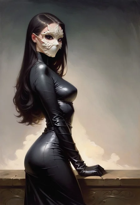 ph4nt0m01l, realistic, score_9, score_8_up, score_7_up, portrait,
1woman, (Page Monroe), (((faceless))), tight fit,, long hair, black hair, skintight clothing, long-sleeved dress, black dress, black tights, petite, (white mask), (mask:1.6), (monochromatic outfit), gloves, (black eyes:1.5), (white_mask:1.4)
black background, standing, detailed, high quality,