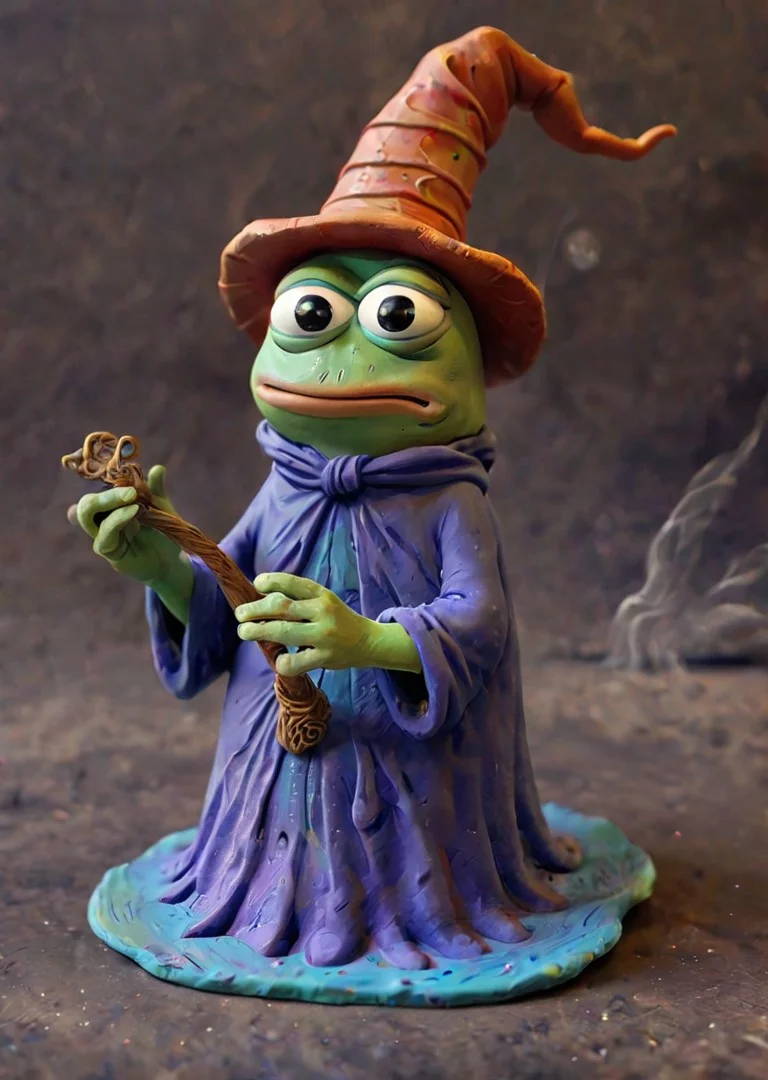 <lora:clay morph - XL:1.0> clay,  made of clay,   <lora:pepe_frog SDXL:1.0> pepefrog, wizard hat