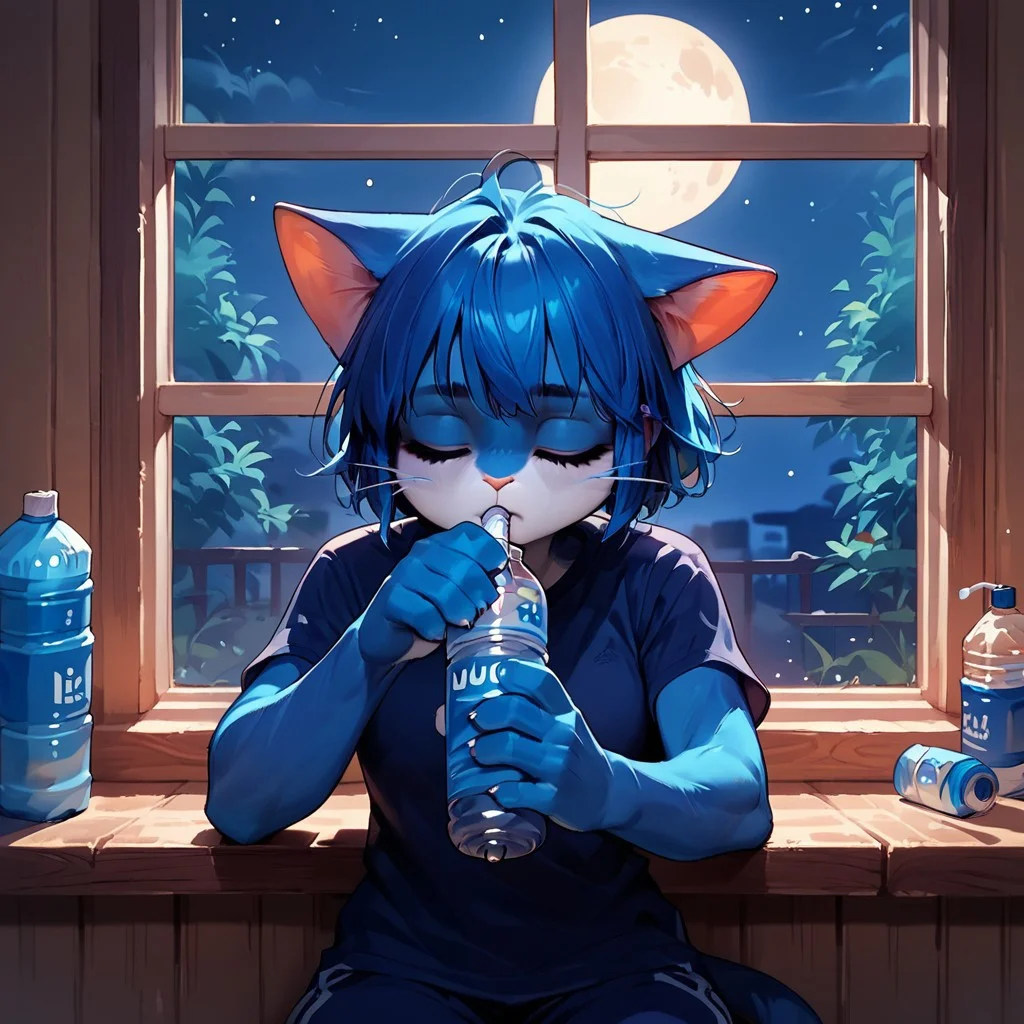 blue Anthro cat, Audr3yC4t, hands,
score_9, score_8_up, score_7_up, source_anime, Drinking water bottle, sleepy, eyes closed, Window, night, moon, Straight on, full shot,