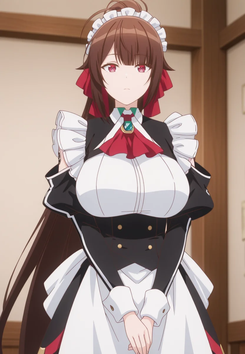 zPDXL3, score_9_up, score_8_up, score_7_up, ,Masterpiece,(perfect female body:1.2), small waist, (incredibly detailed:1.4), beautiful fingers, (large breasts:1.4) huge breasts, looking at viewer, <lora:Amagi_-_Ore_wa_Seikan_Kokka_no_Akutoku_Ryoushu-Kaleid_Illustrious:1> /amagi/, 1girl, very long hair, brown hair, red eyes, ponytail, ahoge, tattoo, hair ribbon, maid headdress, apron, (facing viewer:1.5)