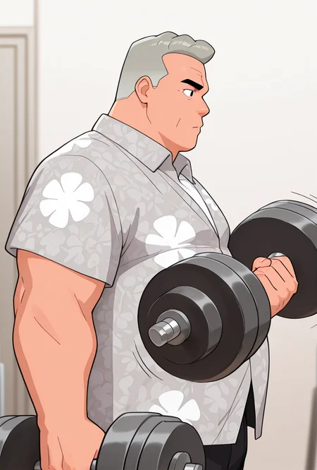 <lora:max-05:1> max, collared red shirt, grey hair, 1boy, short hair, short sleeves, hawaiian shirt, floral print,, expressive, posing, chubby, side view, <lora:Two_Dumbbells:1> two dumbbells, oversized dumbbell, dumbbell, holding dumbbell, masterpiece, best quality, amazing quality, very aesthetic, absurdres, newest,