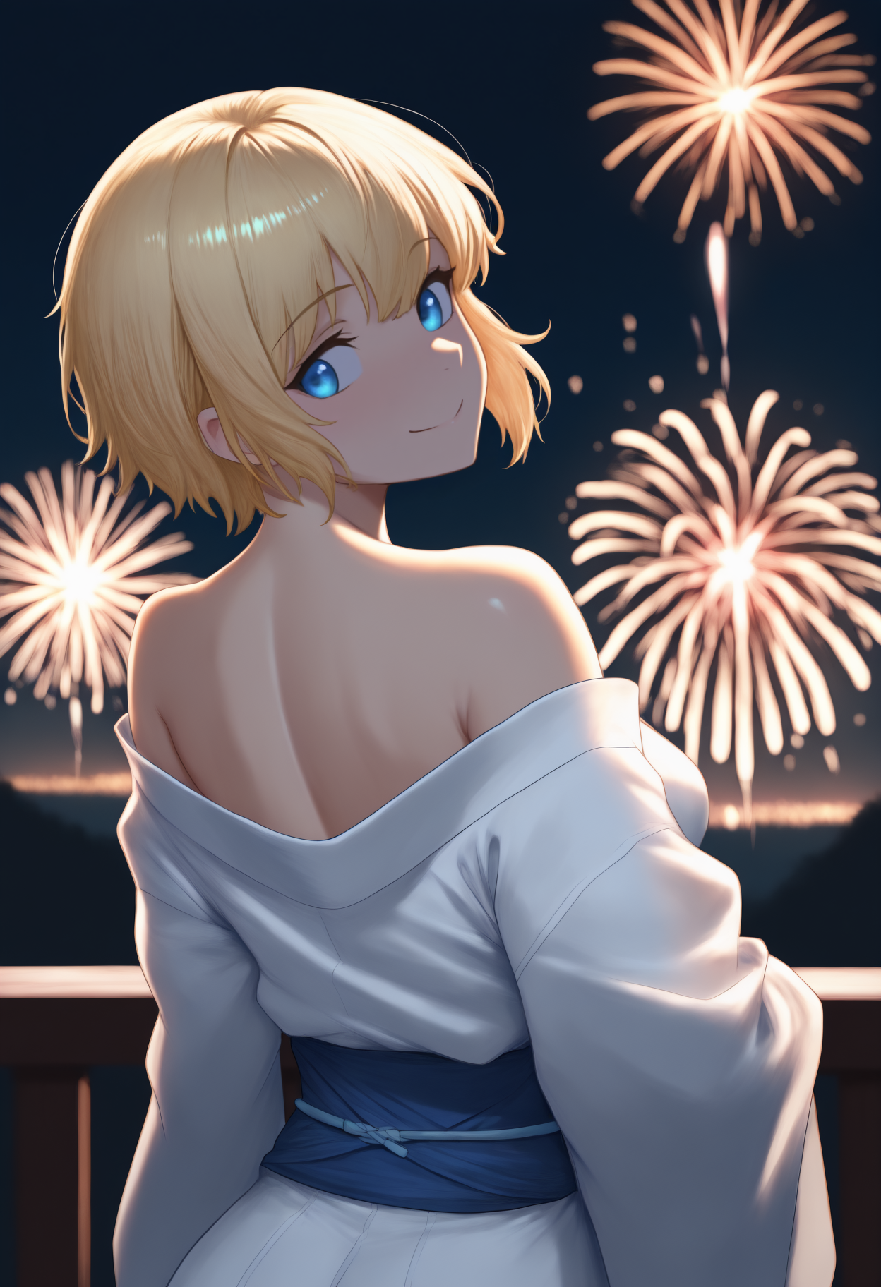 anime, masterpiece, best quality, newest, solo, 1girl, 1r1s, smile, looking back, short hair, blonde hair, blue eyes, japanese clothes, white kimono, off shoulder, blue sash, bare shoulders, outdoors, night, fireworks
<segment:yolo-Anzhc Face seg 640 v2 y8n.pt,0.4,0.5//cid=1>
