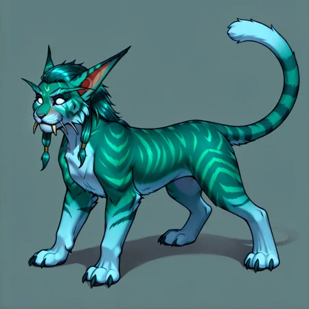 semi-realistic, feral druid cat form from world of warcraft,feline, feral druid, emerald striped fur, shiny stripes, shiny white eyes, darken emerald hair, solo, original character, four paws, one tail, one head, two saberteeth, anatomically correct feline body, perfect anatomy, perfect feline body, no background, ghost form of the feral druid, long elf ears, gradient fur colors