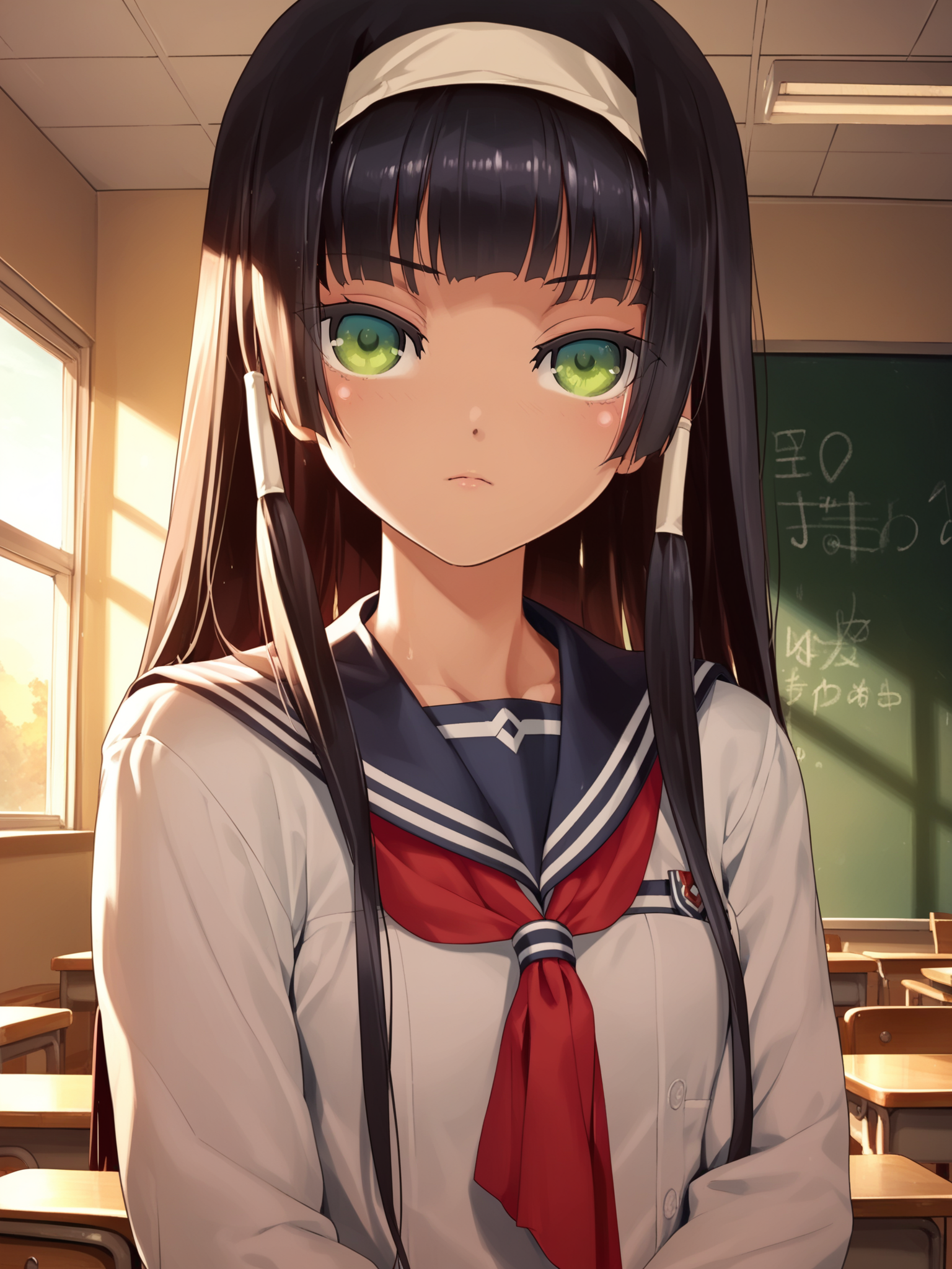 <lora:happy_tentacle-renge-v0.2-000016:0.9>, ht_renge, school uniform, sailor collar, long sleeves, serafuku, red neckerchief, hair tubes, white hairband, classroom , 1girl, solo, upper body , , (emotionless :1.2), , looking at viewer , , facing viewer , score_9, score_8_up, score_7_up, score_6_up, score_5_up, score_4_up