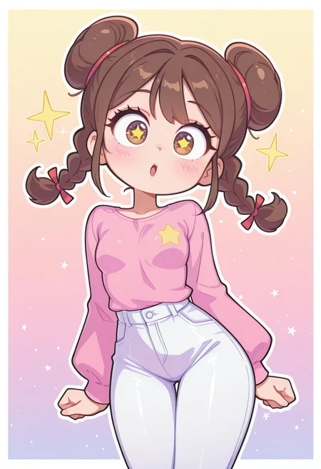 incredibly_absurdres, amazing_background, best quality, pastel_colors, bright_colors, colorful, soft_colors, chibi, star_(symbol), sparkle, white border, 1girl, tong_pooh, braid, breasts, brown_eyes, brown_hair, double_bun, drop_shadow, hair_bun, shiny hair, flat chest, hair_ribbon, long_hair, medium_breasts, open_mouth, outline, pants, red_ribbon, ribbon, solo, twin_braids, white_outline, white_pants, kawaii_babes_style, SNRA-illu