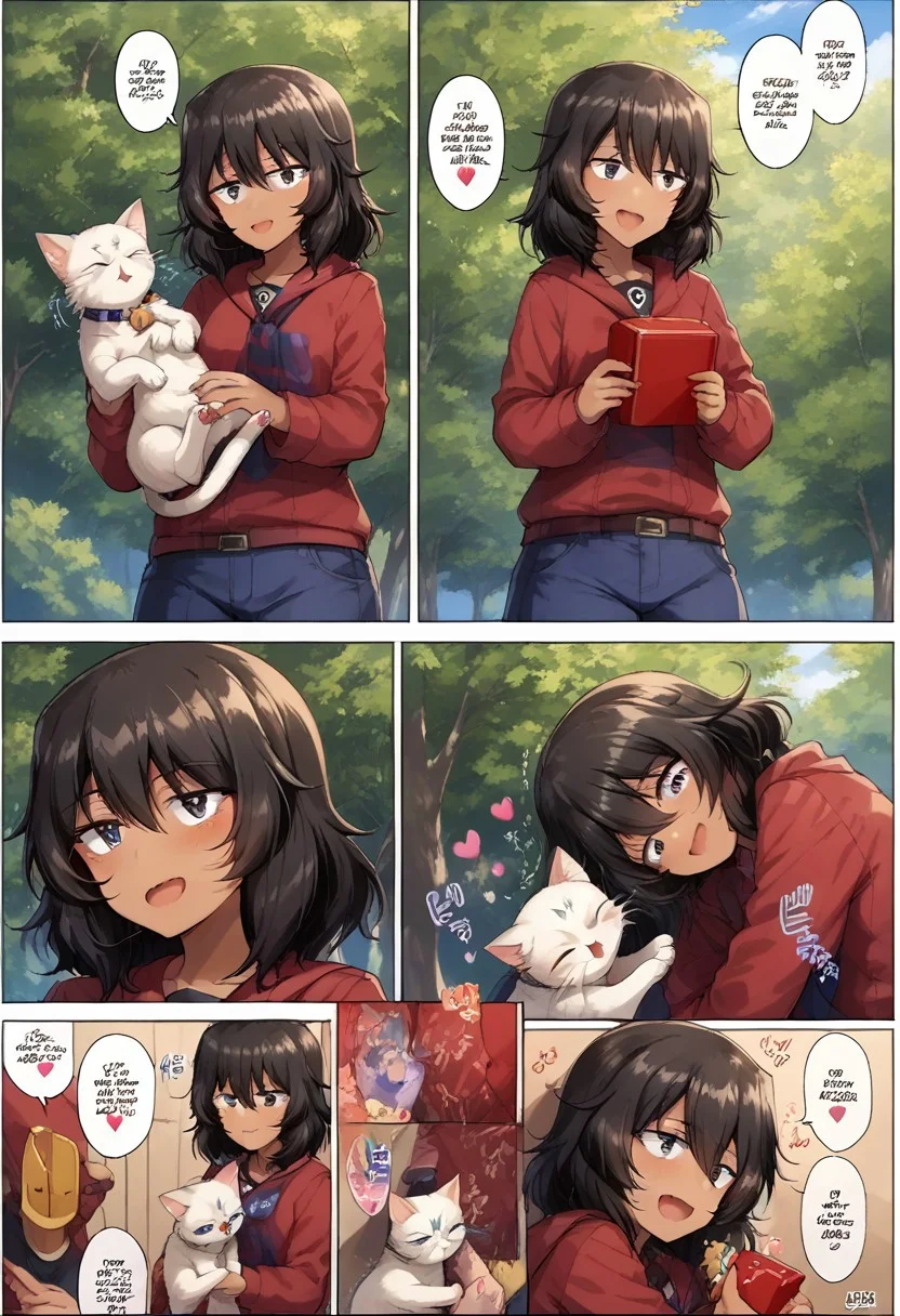 score_9, score_8_up, score_7_up, source_anime, BREAK
<lora:FComic_1to1000_Pony_V1:1>fcomic_1to1000_pony, (comic:1.25),
(Multi view, Frame, Text, speech bubble, frame, heart, trembling, focus line, vibrating line, comic expression, Sound effect)
1girl, cat, cute cat, cats, fluffy, cute, neko, kawaii, cuddling with cat, holding cat, joy, happy, animal, cute animal, woods, summer camp, trees, joy, happy,
<lora:Girls_Und_Panzer_Rena_Andou_Character_PonyXL:1>, andou (girls und panzer), 1girl, black hair, tan, dark tanned female, dark skinned female, BREAK
,<lora:Everlasting_Summer_Vanilla_Backgrounds_by_GraffMetal:0.7>, <lora:Everlasting_Summer_Vanilla_Art_Style_by_GraffMetal:0.7>
