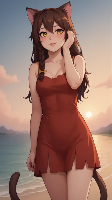score_9, score_8_up, score_7_up, BREAK source_anime, best quality, masterpiece, ultra detailed,
<lora:Everlasting_Summer_Yulya_by_GraffMetal:1>, yulya, brown hair, yellow eyes, cat pupils, long hair, braid, side braid, hair between eyes, single braid, bow, animal ears, cat ears, tail, cat tail, cat girl, medium breasts, 1girl, solo, the dress is torn from below
light smile, blush,
black eyeliner cat eye, pink lips, black nails,
red dress, yellow edging, cute,
amazing background, looking at the viewer, nature background, evening, sky, cloud, beach, sunset, lake, outdoors