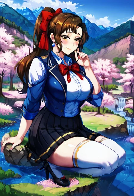 score_9, score_8_up, score_9_up, masterpiece, high quality, highly detailed, clean face, 1woman, 1girl, solo, shiny skin, soft focus, ray tracing, (ultradetailed background), (detailed face:1.2), ultradetailed face, mother_sv, brown hair, ponytail, skirt, shirt, thighhighs, long sleeves, bow, ribbon, cute, eyelashes, school uniform, jacket, hair ribbon, white shirt, pleated skirt, collared shirt, miniskirt, bowtie, black skirt, white thighhighs, red ribbon,blazer, white jacket, red bowtie, grey jacket, black heels shoes, no chibi, f<lora:(p)NiceNature:1> <lora:loraeyesxl:0.5>, larger than mountains, towering over mountains, bigger than mountains, taller than mountains, big breasts, giantess full body shots, giantess, giant, goddess, divine goddess, size difference, confident, slight smile, closed mouth, blushing, long legs, extremely beautiful, sexy, scenery, holding a city, scared tiny people, cherry blossom background, mountain valley landscape, cherry blossom forest, blue sky, mountains, fantasy, landscape, <lora:giantess:1>, sitting on ass, forest, lake of water, giga giantess, gts, cliff, giantess sitting on mountain cliff, water ripples, looking down, positioned at a the right side, gorgeous lips, cinematic, (masterpiece), (best quality), (ultra-detailed), very aesthetic, perfect composition, intricate details, absurdres, detailed face, (anime, masterpiece, intricate:1.3), (best quality, hires textures, high detail:1.2),