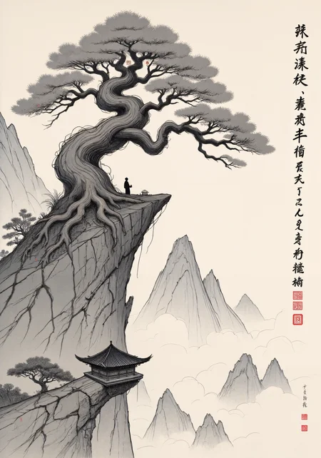 A delicate hanging scroll painting in Song Dynasty style depicting a thousand-year-old cypress tree clinging to a sheer cliff face, its gnarled roots visibly gripping the stone like dragon claws. The ancient tree stands as a symbol of longevity and resilience, rendered in masterful xieyi brushwork with varying ink tonalities from rich black to subtle gray. Surrounding mist partially obscures distant peaks, creating negative space that emphasizes the tree's solitary majesty. Delicate red seal marks in the lower corner balance the primarily monochromatic palette, while a small scholar figure contemplates the scene from a tiny pavilion nestled in the rocks below. The composition embodies the Taoist principle of living in harmony with nature's strength, with fine calligraphic inscription suggesting the tree's silent wisdom across centuries. Executed on textured rice paper with traditional mineral pigments, conveying subtle luminosity through translucent layers. <lora:UkiyoFusion-FLUX:0.7> <lora:FluxDFaeTasticDetails:0.3> <lora:RM_JamesJean_v0.5:0.4> <lora:Ganin_II:0.8> <lora:flux_dev:1>
