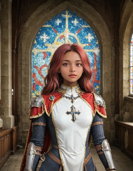 (masterpiece), best quality, expressive eyes, portrait, perfect face, full body, J0hanna, armor, dark skin, church, temple, cathedral, red eyes, red hair, <lora:310626bb-9c18-4ef8-9ae8-7fbc5f7f2153:1.0>, <lora:743ab114-2dc7-4a68-a995-0d3c9dc174a0:0.7>, <lora:584554b1-5638-4ae3-a13c-f32e986cc10d:1.0>, <lora:a227fa2e-3749-476d-a8e5-79e96ce5d965:1.0>, <lora:52491d77-b404-4ccf-aa99-0b52a94f40d9:0.7>, <lora:ad0c5883-1b5c-4dce-8ce4-394127d875c5:0.9>