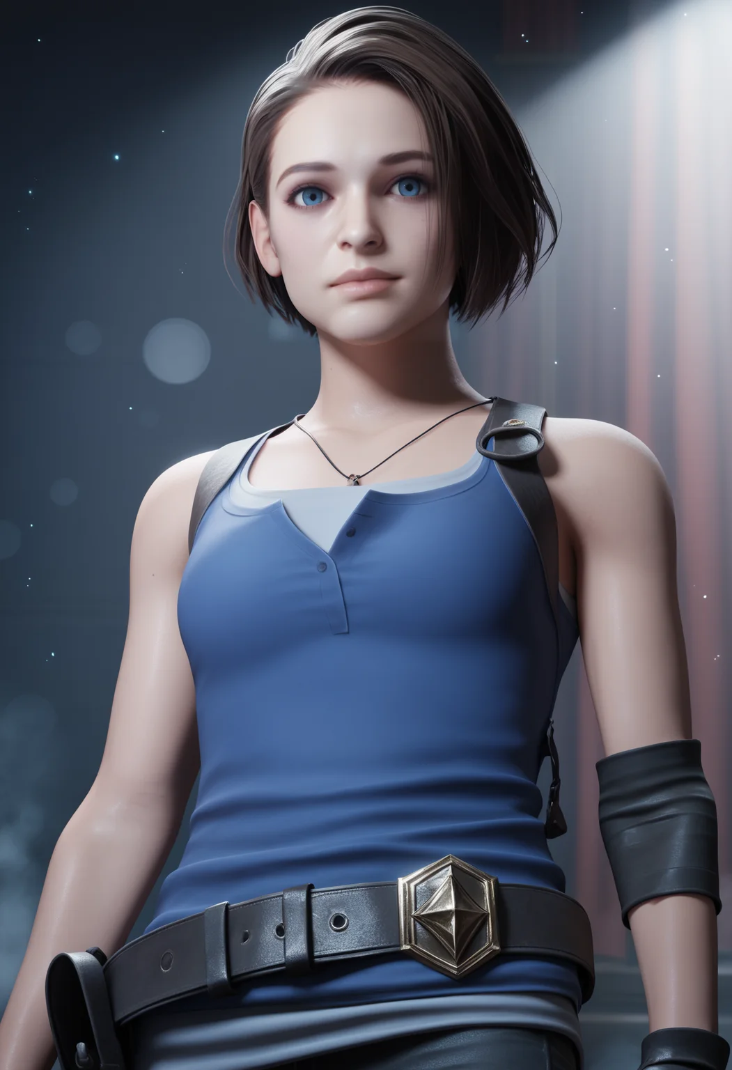 score_9,score_8_up,score_7_up,uncensored BREAK realistic,render,blender \(medium\),
1girl, jivalent, brown hair, short hair, blue eyes,
belt, fingerless gloves, pants, blue tank top, thigh holster,
solo, looking at viewer, upper body, fog, dark background, particles, bokeh, indoors, haunted house background, dark, contrast <lora:JillValentineXL_byKonan:1>