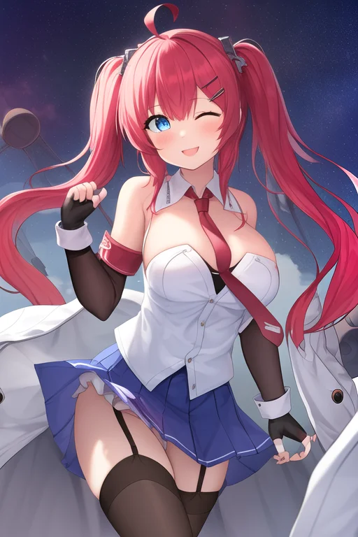 masterpiece, best quality, highres, solo, {san_diego_azurlane:1.10}, red_hair, blue_eyes, twintails, long_hair, breasts, ahoge, blush, open_mouth, bangs, smile, hair_ornament, large_breasts, necktie, cleavage, one_eye_closed, 1girl, gloves, retrofit_\(azur_lane\), skirt, thighhighs, detached_sleeves, fingerless_gloves, looking_at_viewer, hairclip, red_necktie, garter_straps, star_\(symbol\)