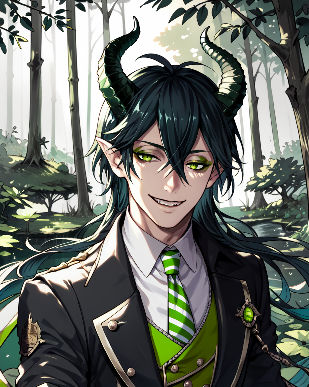 <lora:Malleus DraconiaPDXL_v1:1>1boy, solo, Malleus DraconiaPDXL, bllack gloves, necktie, smile, eyes open, striped necktie, upper body, School uniform, deep forest, black jacket, green vest, looking at viewer,, <lora:Line Art Style SDXL_LoRA_20r_20e_8i_nr32_a16_Pony Diffusion V6 XL:0.8><lora:Expressive_H:0.8> ExpressiveH score_9, score_8_up, score_7_up,