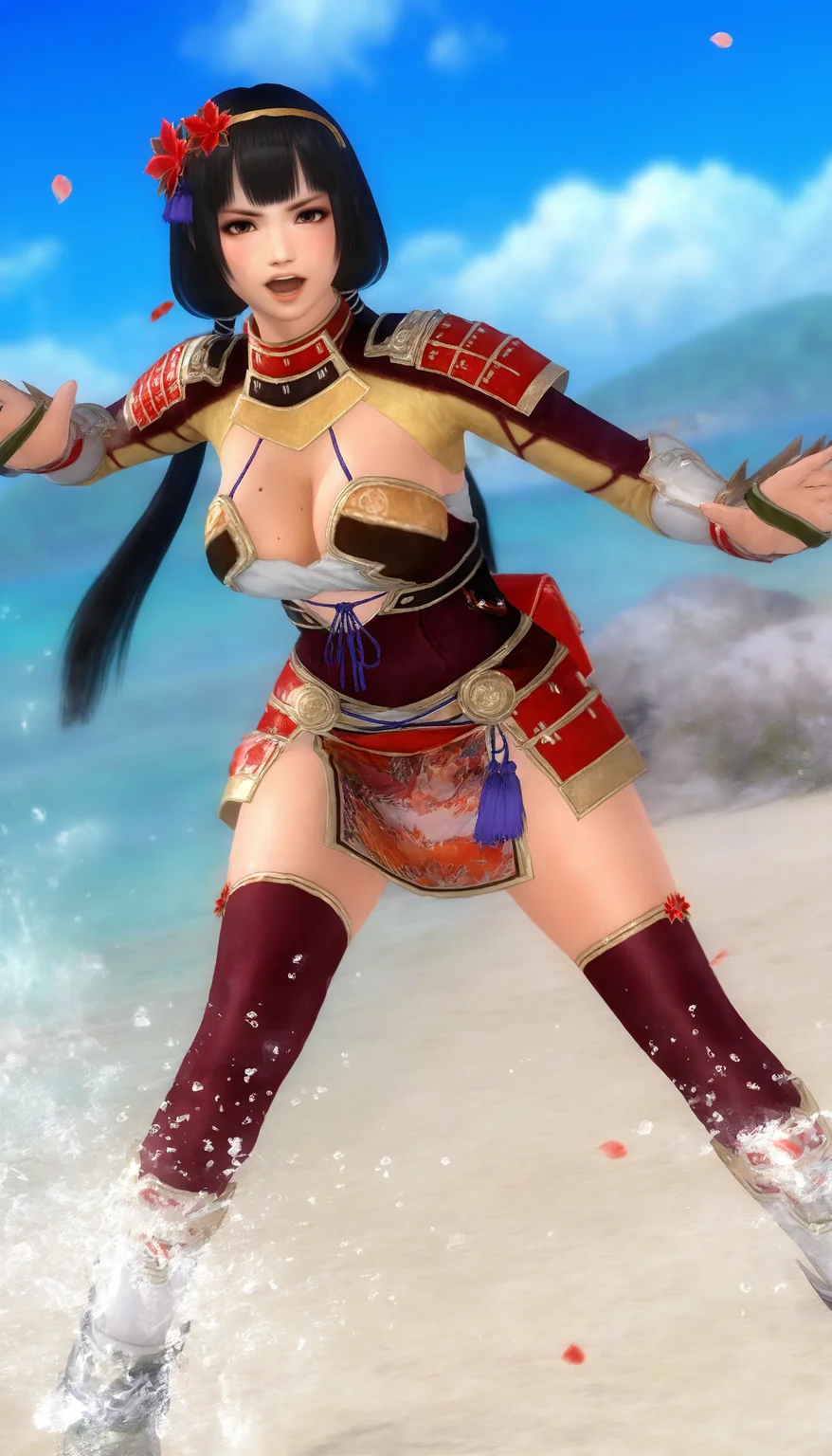 masterpiece,best quality,amazing quality,
<lora:naotoraiiNAI:1>,naotoraii,realistic,
1girl,solo,
black hair,blunt bangs,long hair,low twintails,hair ornament,golden hairband,golden scrunchie,red hair flower,purple ribbon,
brown eyes,
red armor,red shoulder armor,vambraces,
mole on breast,
deep red thighhighs with flower ornament,bladed boots,full body,dutch angle,three-quarter view,looking ahead,serious,open mouth,fighting stance,leaning forward,legs apart,dynamic pose,outdoors,falling petals,depth of field,blue sky,cloud,beach,hill,light particles,splashing,