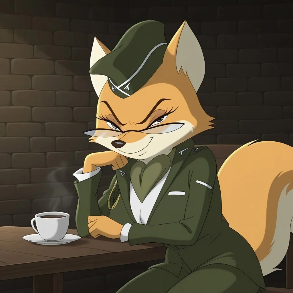 cartoon artstyle, cartoon, flat colors, 1girl, big breasts, lt_vixen, anthro, fox, furry, orange fur, tail, dot eyes, green military uniform, military hat, glasses, indoors, dark light, wooden table, smug, smile, angry, narrowed eyes, looking at viewer, three quarter view, cowboy shot, sitting, legs on table, cup of coffee,