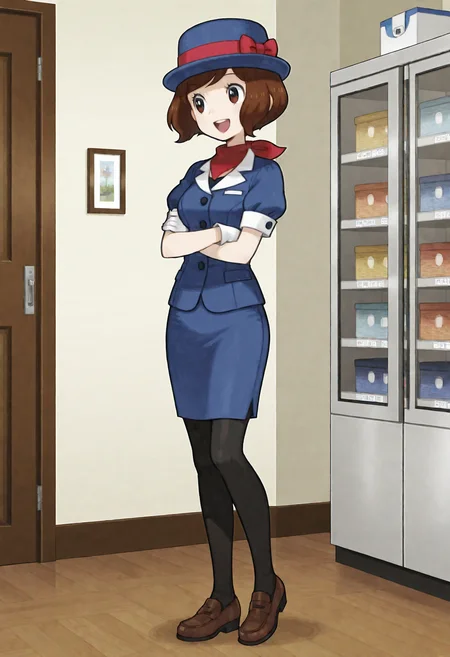 ,masterpiece,best quality,absurdres,1girl,pkmndsg1,<lora:PKMNDSG1Illustrious-000030:0.75>, short hair,brown hair,blue hat,red hat ribbon,red neckerchief,gloves,blue shirt, puffy short sleeves,blue pencil skirt,pantyhose,loafers, full body,indoors,crossed arms,happy,:d,facing viewer,in store ,shelves,luxury