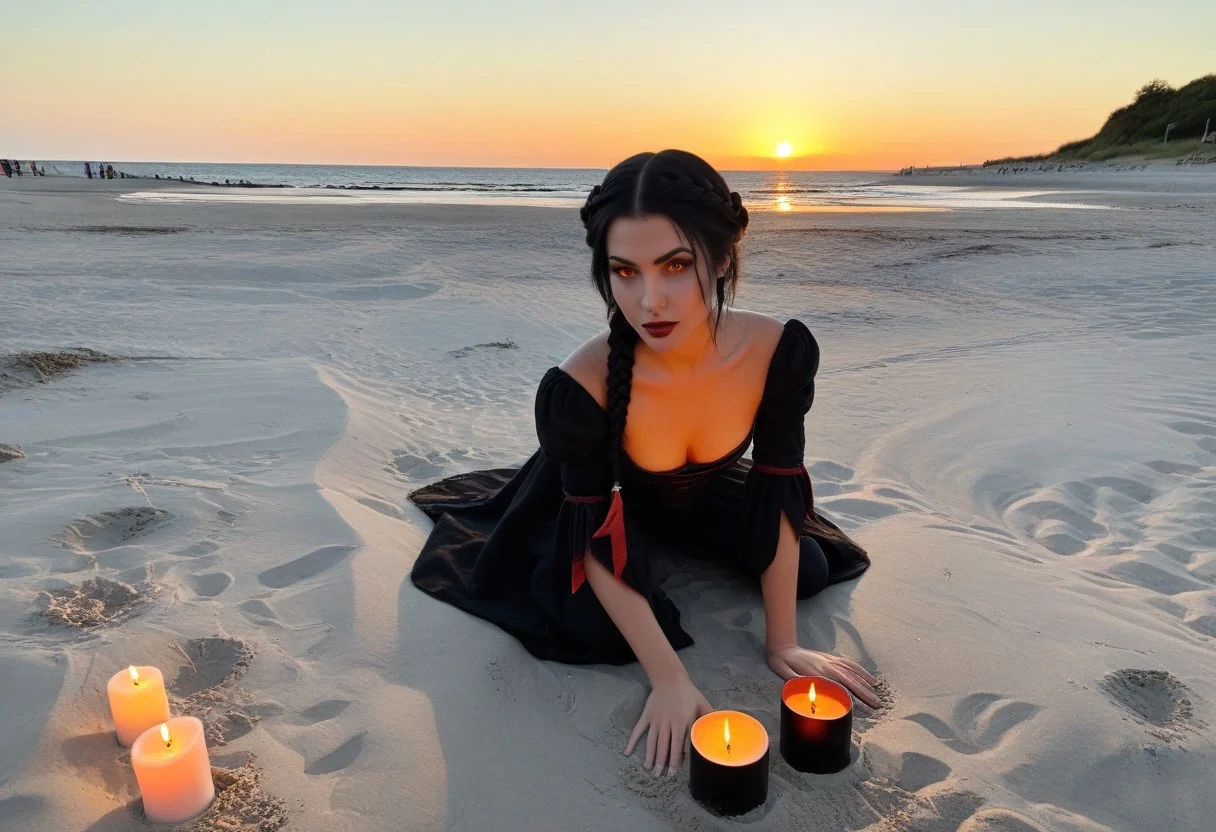 NM_tes_Serana,,
black hair, medium hair, crownbraid, orange eyes, glowing eyes, vampire fangs
kneeling in the sand,
looking at the viewer,
at a public beach , beach scene, medieval scene,
evening, sunset, lit candles,
cinematic shot,
8k ,realistic photo, highly detailed,
uncensored