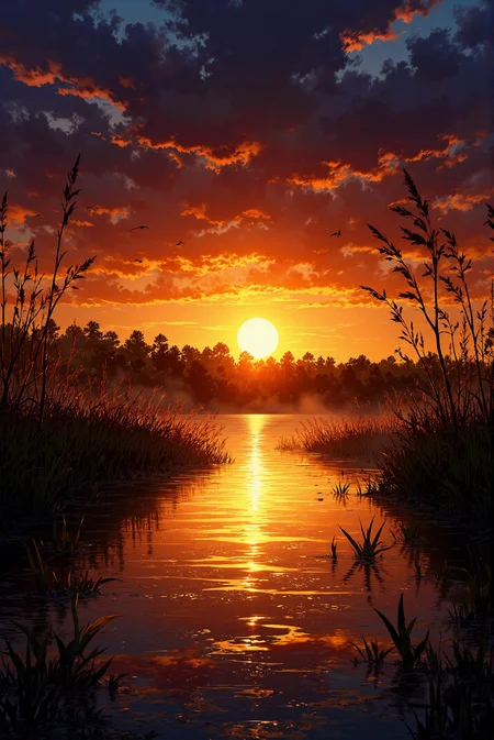 <lora:Vibrantly_sharp_style_v.3:0.8> VibrantlySharp style. A breathtaking sunset casts its golden glow over a tranquil wetland, where tall reeds and gentle ripples in the water create a sense of peaceful solitude. The sky, painted in a dramatic gradient of deep orange, crimson, and violet, stretches across the horizon, with textured clouds reflecting the fiery hues of the setting sun. Birds glide gracefully through the sky, their silhouettes adding movement to the serene composition. The water's surface mirrors the brilliant colors above, with gentle ripples distorting the reflection just enough to create a mesmerizing interplay of light and shadow. Dark reeds in the foreground frame the composition, adding depth, while mist rises gently in the distance, softening the horizon where the treeline meets the sky. Rendered in a highly detailed semi-realistic digital painting style, this scene captures the fleeting beauty of twilight, where the world is bathed in warmth before slipping into the cool embrace of night.
