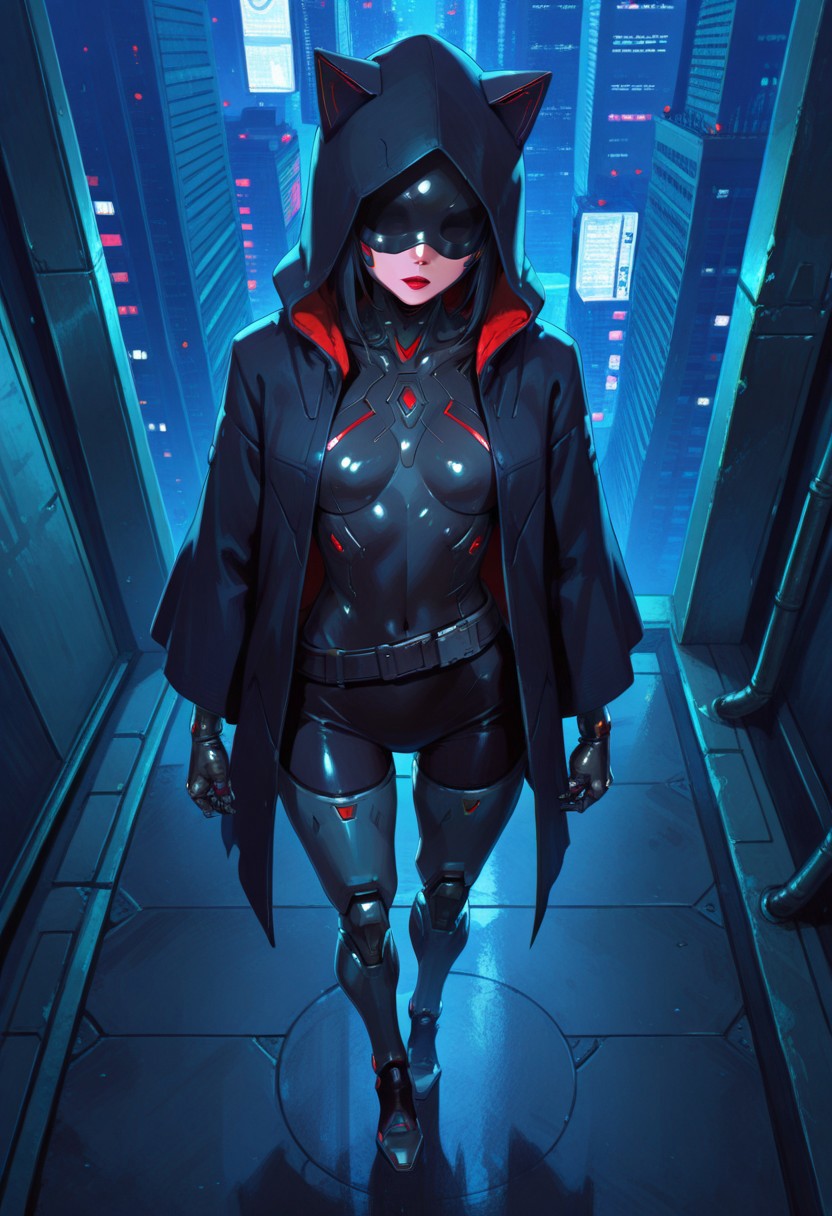 absurdres, masterpiece, best quality, very aesthetic, HDR, 8K, ultra-detailed, anime, 748cmstyle, full body, standing, cyberpunk, cyber city, from above,
1girl, FelinaFo, solo, cyborg, mask, red lips, no eyes, hood up, hooded cloak, mechanical arms, belt, mechanical legs, high heels, shiny skin, (skinny),