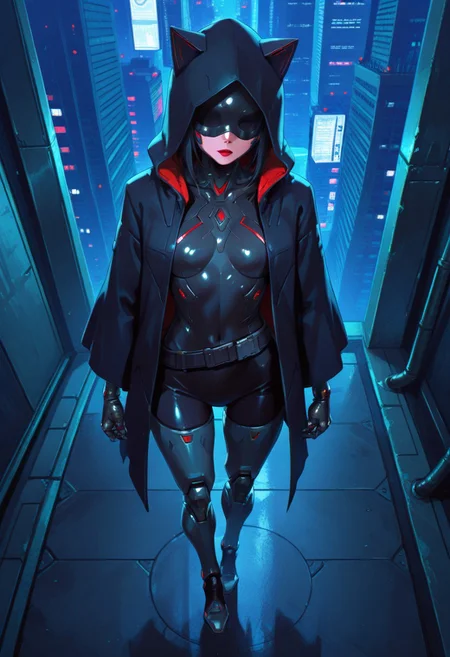 absurdres, masterpiece, best quality, very aesthetic, HDR, 8K, ultra-detailed, anime, 748cmstyle, full body, standing, cyberpunk, cyber city, from above,
1girl, FelinaFo, solo, cyborg, mask, red lips, no eyes, hood up, hooded cloak, mechanical arms, belt, mechanical legs, high heels, shiny skin, (skinny),