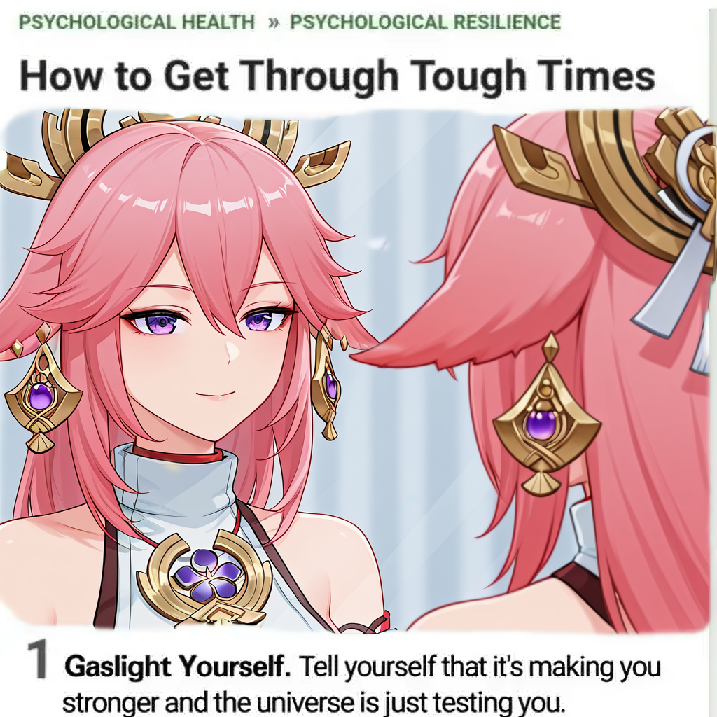 masterpiece, best quality, absurdres, toughtime, 1girl, yae miko, mirror, <lora:How_to_get_through_tough_time_meme-000007:1>