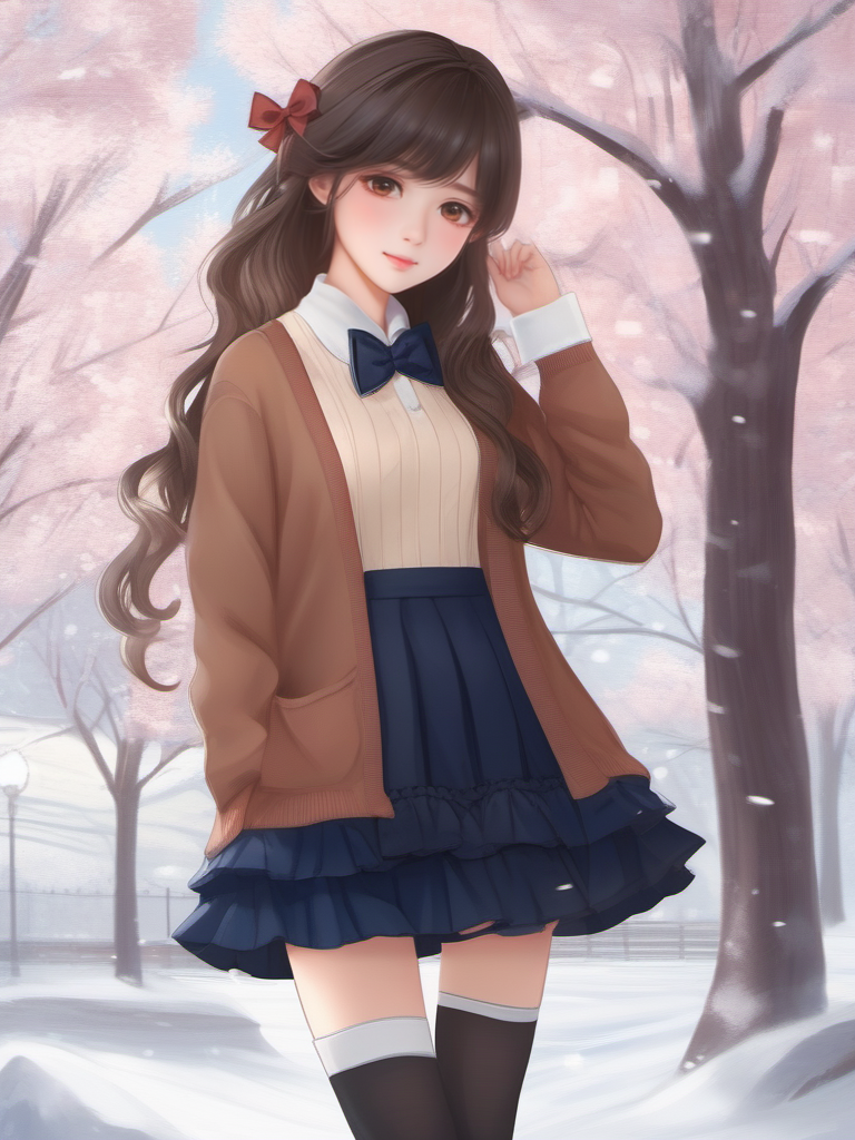 masterpiece, best quality, girl, long hair, looking at viewer, brown cardigan , frilled socks, hair_bow, bowtie, in winter, blush, sweater dress, ,<lora:sl_sila0.8>