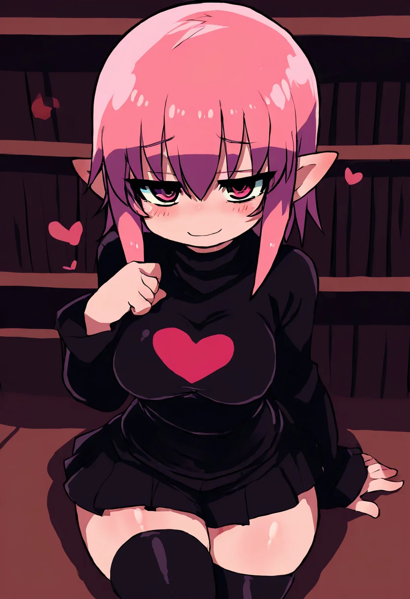 masterpiece, best quality, 1girl, solo, eyelashes, (beautiful eyes), medium breasts, curvy, tiny woman, small woman , petite, short body, cute girl, pretty girl, black skirt, tight top, black shirt, short hair, pink hair, pointy ears, thighhighs, deathlock-san, smug, fit body, smile, heart on shirt, shy, looking at viewer, high angle, library ,<lora:ZankuroStyle_NAI:1.0>,