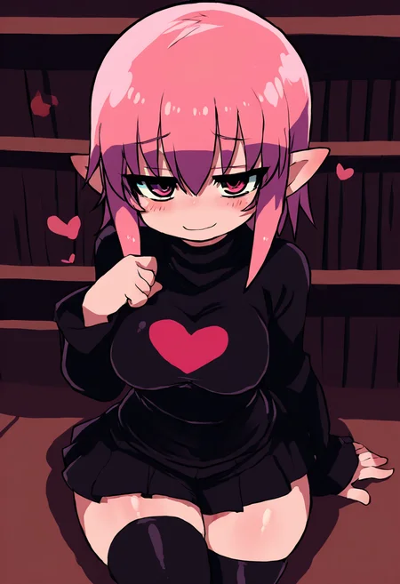 masterpiece, best quality, 1girl, solo, eyelashes, (beautiful eyes), medium breasts, curvy, tiny woman, small woman , petite, short body, cute girl, pretty girl, black skirt, tight top, black shirt, short hair, pink hair, pointy ears, thighhighs, deathlock-san, smug, fit body, smile, heart on shirt, shy, looking at viewer, high angle, library ,<lora:ZankuroStyle_NAI:1.0>,