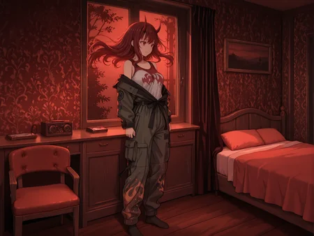 masterpiece,best quality,amazing quality, solo, character focus, 
harsh shadows, soft lighting,   dark Red theme,    darkness, dark, wasteland, wilted, dead nature,  iridescent
1girl,  horned bangs,  floating hair,   cute, skinny, curvy, covered breasts, feet, socks,  short hair,     
standing,  
line print,    multicolored clothes, split colors, off shoulder, 
   cargo pants,   military-style jacket, 
bedroom, girly bedroom, bed, chair, desk, window, wallpaper,  
<lora:add-detail-xl:1> <lora:Detailer_NoobAI_Incrs_v1:1> detailed <lora:cfg_scale_boost:0.3> <lora:feet_anime_il_v3:1> <lora:Dramatic Lighting Slider:1> <lora:hand 5.5:1> <lora:alpha91_peak_maxing:1> alpha91 <lora:Lycoris Recoil style-Illus:0.4> Lycoris Recoil style <lora:jiaocha_illustriousXL:0.4> <lora:jnetz_sc_5-centimeters-per-second_2007:0.4> 5cmps07 <lora:Sinozick_style:0.3> Sinozick_illu,gradient,spot color