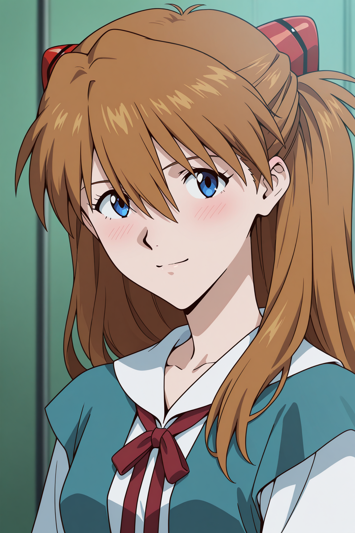 masterpiece, best quality, absurdres, highres, source anime, very aesthetic, very awa, BREAK, anime coloring, anime screencap,
<lora:asuka_rebuild_v2-illustrious:1>, 1girl, souryuu asuka langley, rebuild of evangelion, blue eyes, brown hair, interface headset,
tokyo-3 school uniform, blush, upper body, 
BREAK, looking at viewer, light smile, 
BREAK,